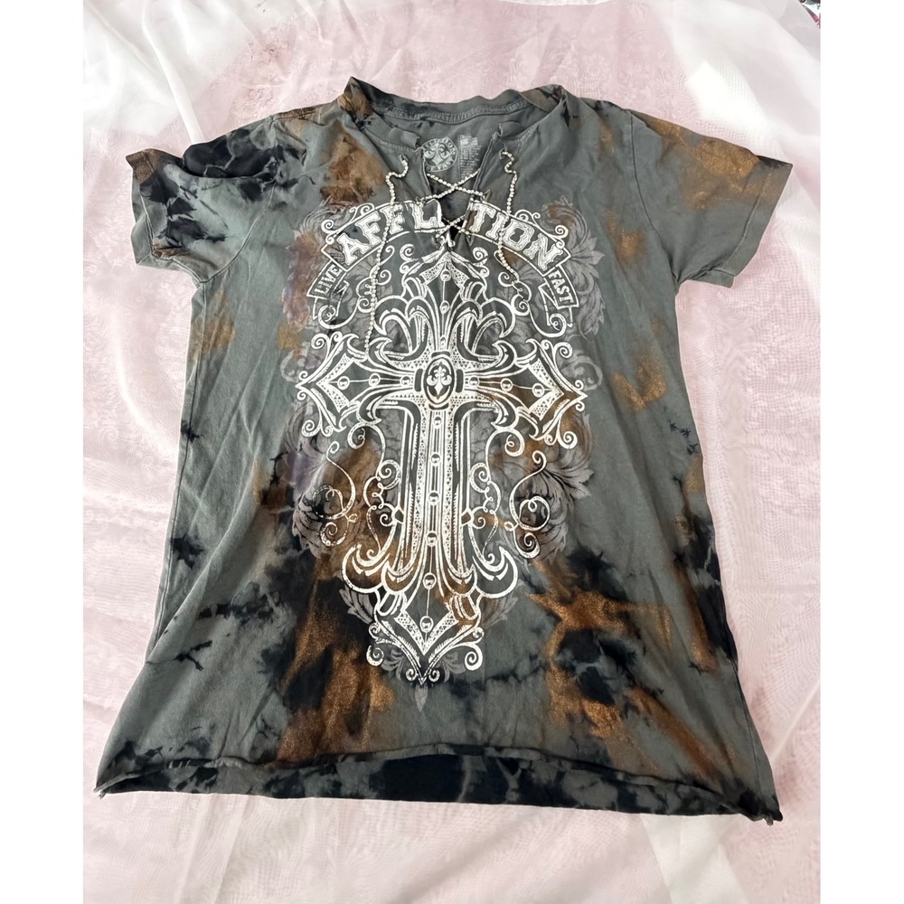Affliction Live Fast Graphic Tee Rhinestone Lace Up Cross Tie Dye Gray Small